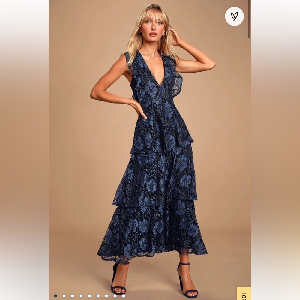 Lulu’s Molinetto Navy Blue Lace Ruffled Tiered Sleeveless Maxi Dress L EUC